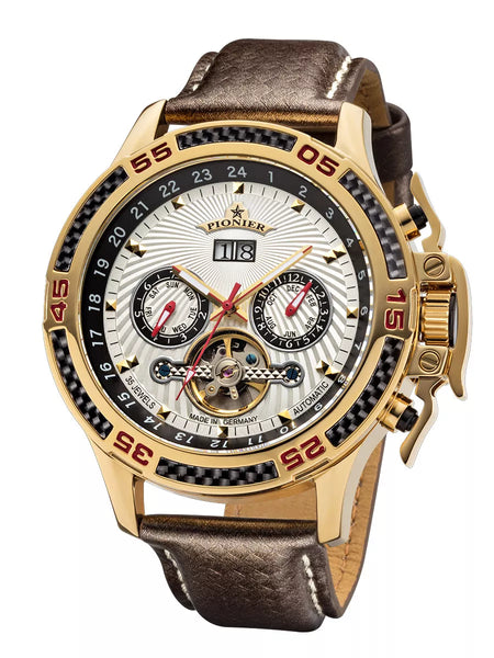 Amsterdam Pionier GM-515-2 white dial with gold case and brown leather band.