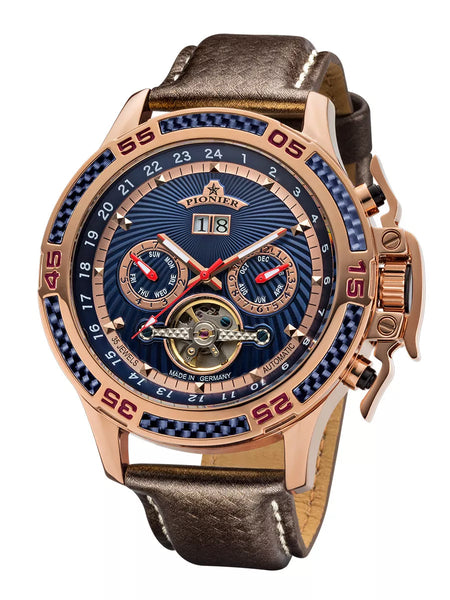 Amsterdam Pionier GM-515-5 blue dial with rose case and brown leather band.