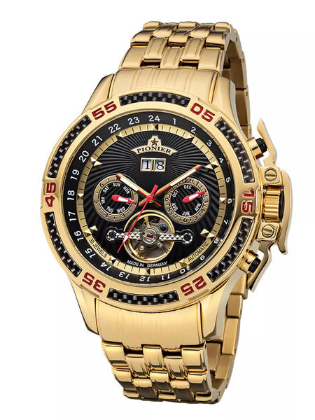 Amsterdam Pionier GM-515-9 black dial with gold case and stainless steel band.