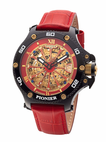 Sunny skeletonized dial with date window at 3 a clock and skeletonized hands.