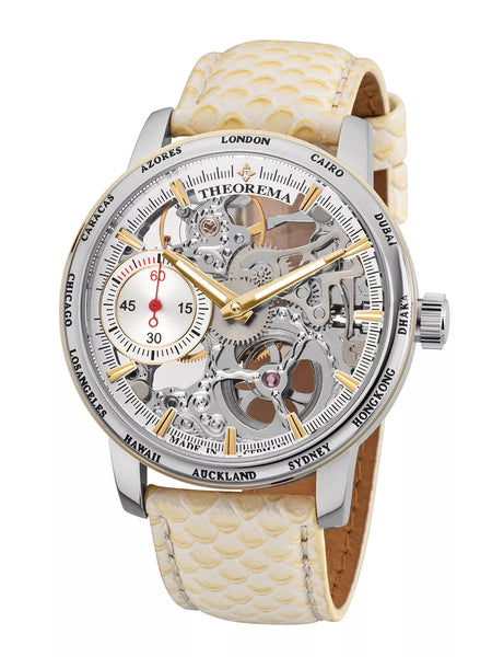 Silver case with gold markers and white genuine leather band.