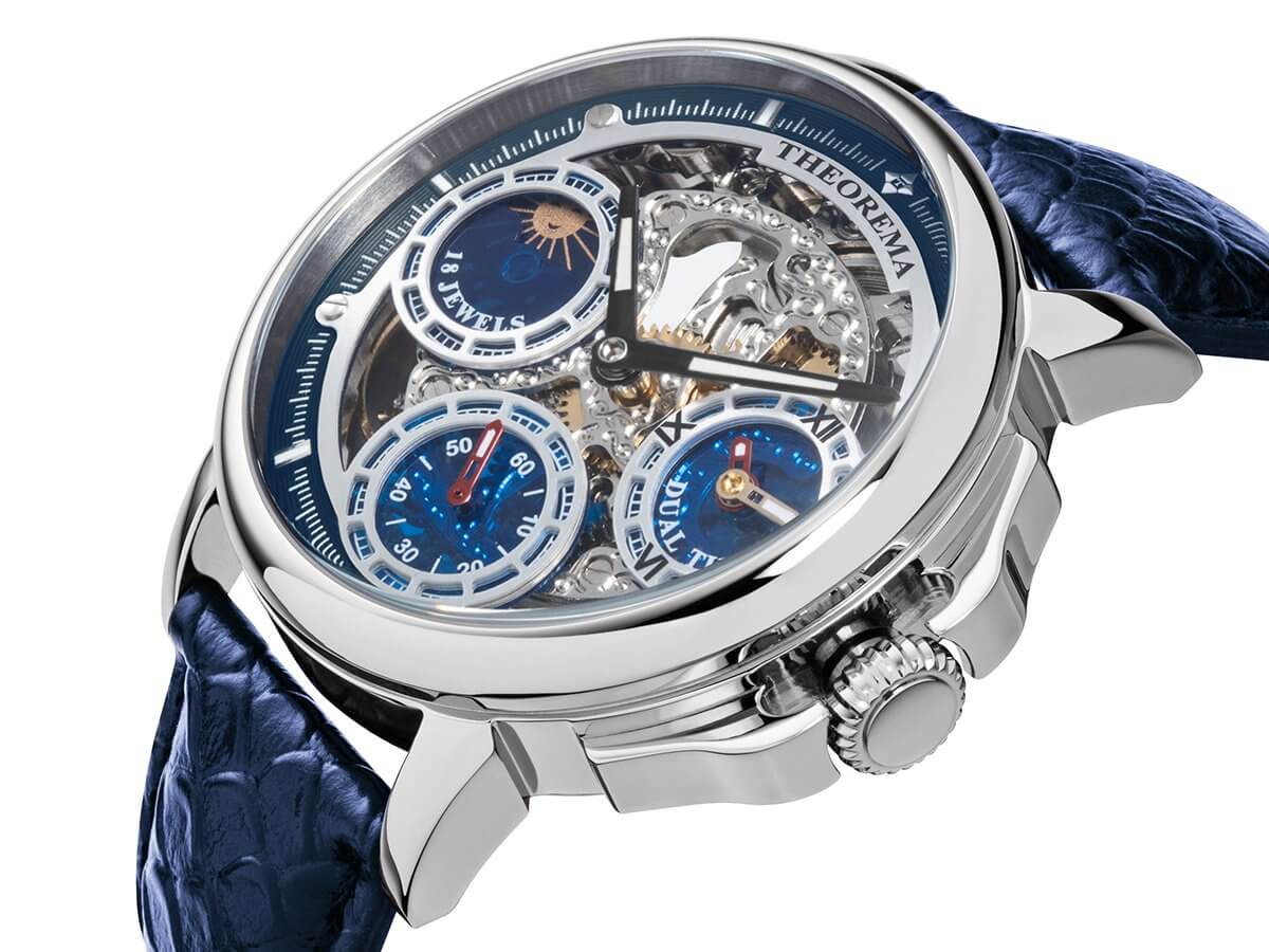 Blue leather, silver case, see through movement with silver crown.