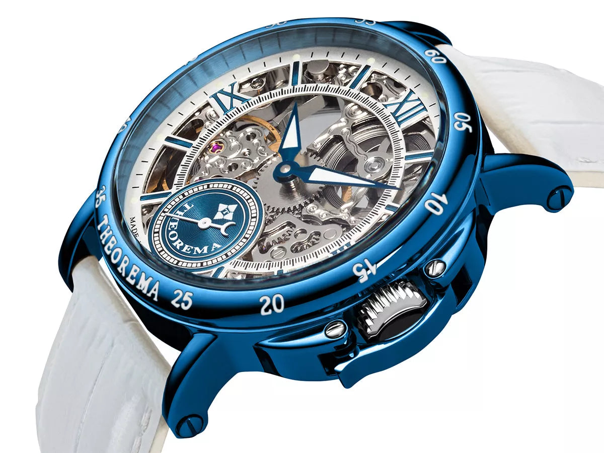 Mechanical watch with skeleton dial with blue case and blue crown