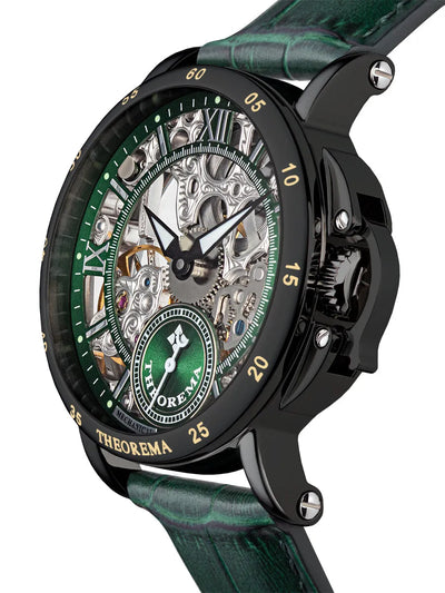 Mechanical watch with skeleton dial with black case and green crown