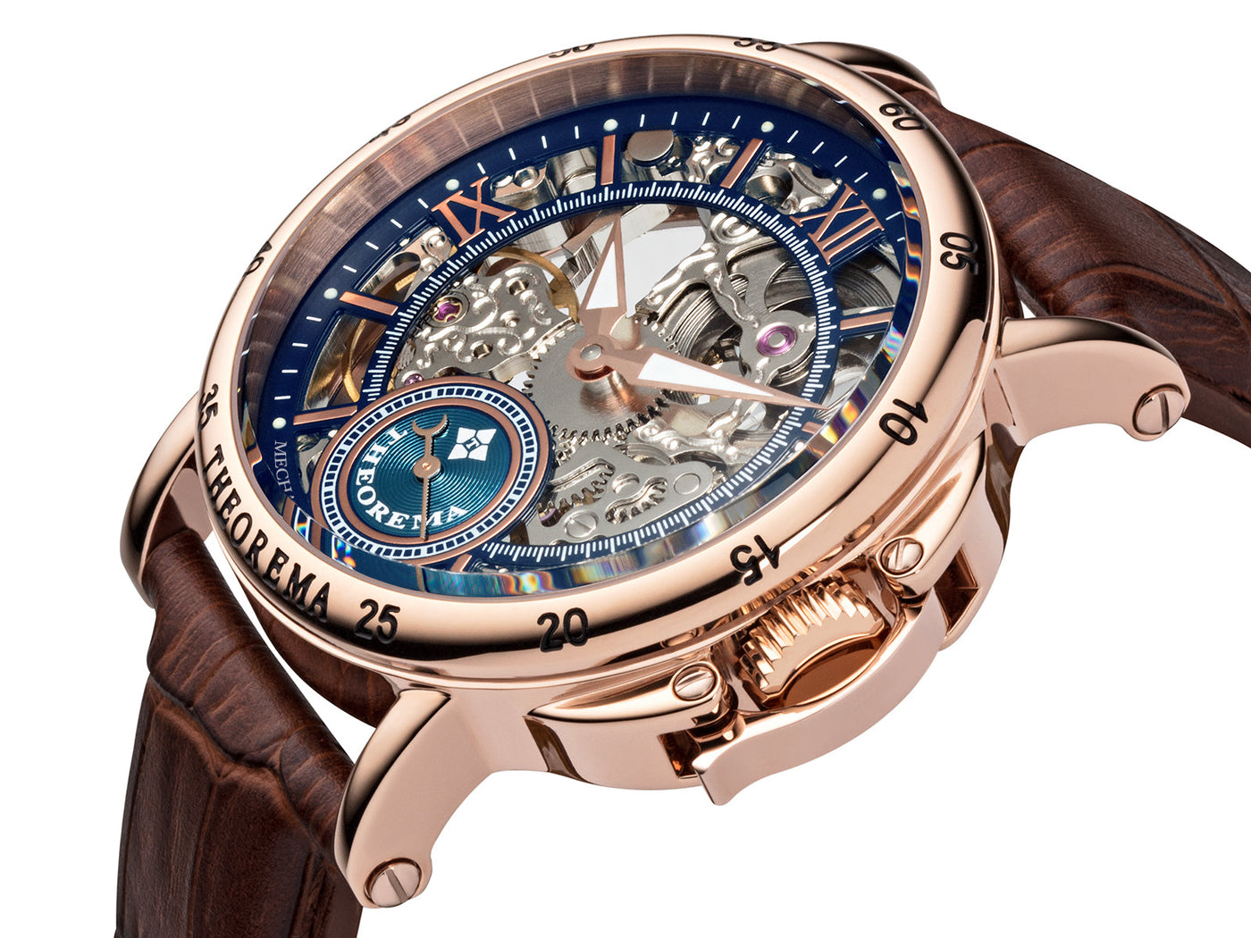 Skeleton dial with silver and blue colors. A mix of Roman and Arabic numerals.