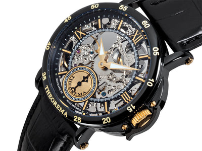 Mechanical watch with skeleton dial with black case and black crown