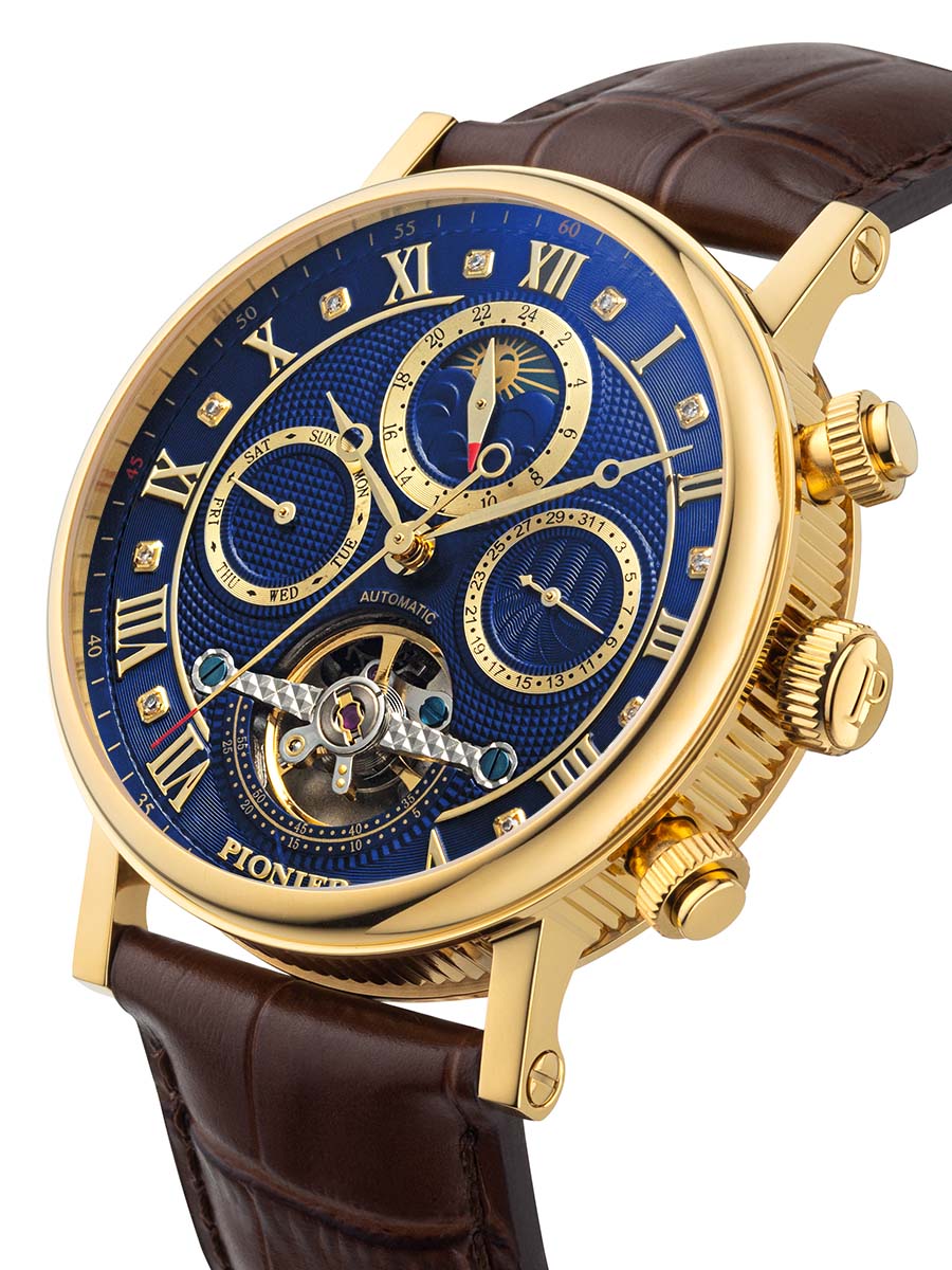 Deep blue multi-tone dial with gold color case and brown leather band.