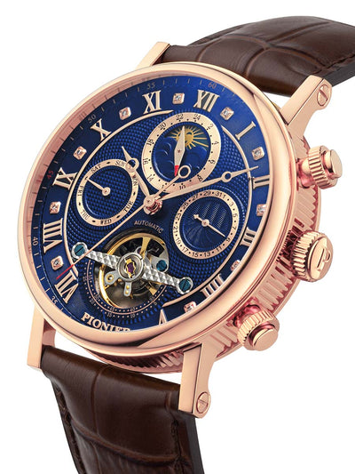 A serene rose color case with deep blue dial with 3 sub-dials on it for calendar function.
