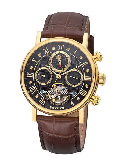 Luxury watch with gold case, black dial, and brown leather strap on a white background