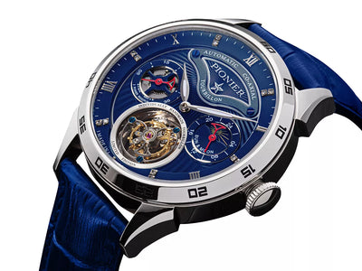 Co-axial tourbillon movement with blue dial and 12 diamonds