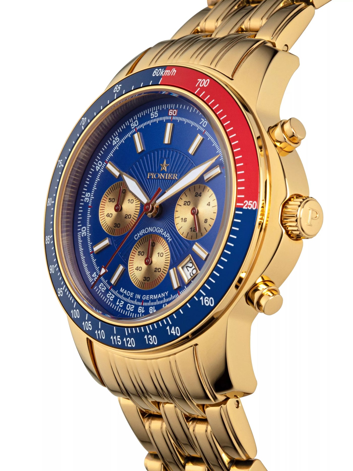 Blue dial with 3 sub dial design in a gold case and gold stainless steel band.