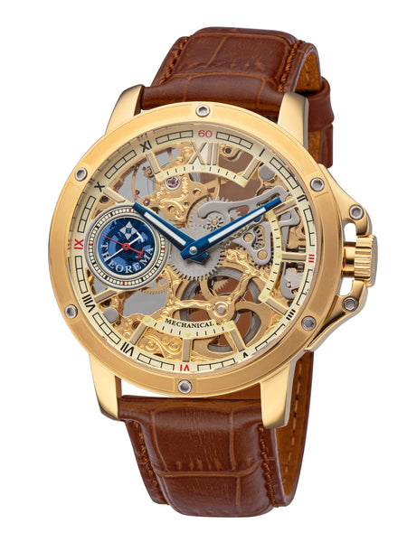 See through gold color skeleton with brown leather band.