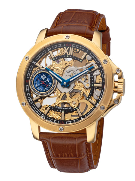 Mechanical see through skeleton gold dial with inner gears visible.