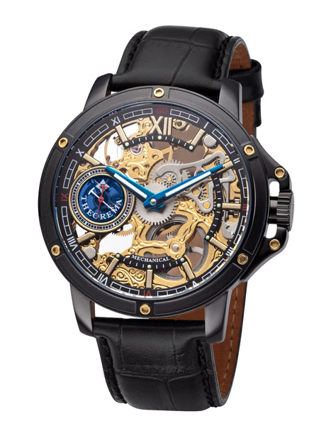 Mechanical see-through skeleton gold dial with inner gears visible.