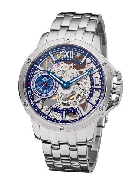 Mechanical see through skeleton silver dial with inner gears visible.