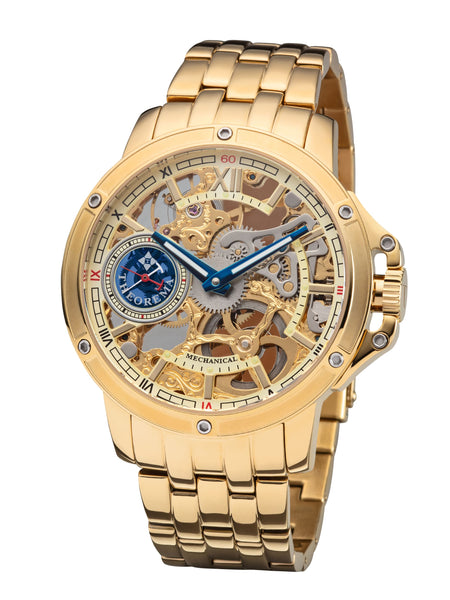 Mechanical see through skeleton gold dial with inner gears visible.