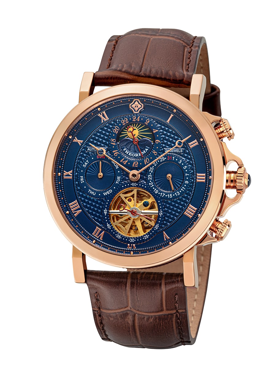 Automatic Macau T3011-9 blue dial with rose case and brown leather band.