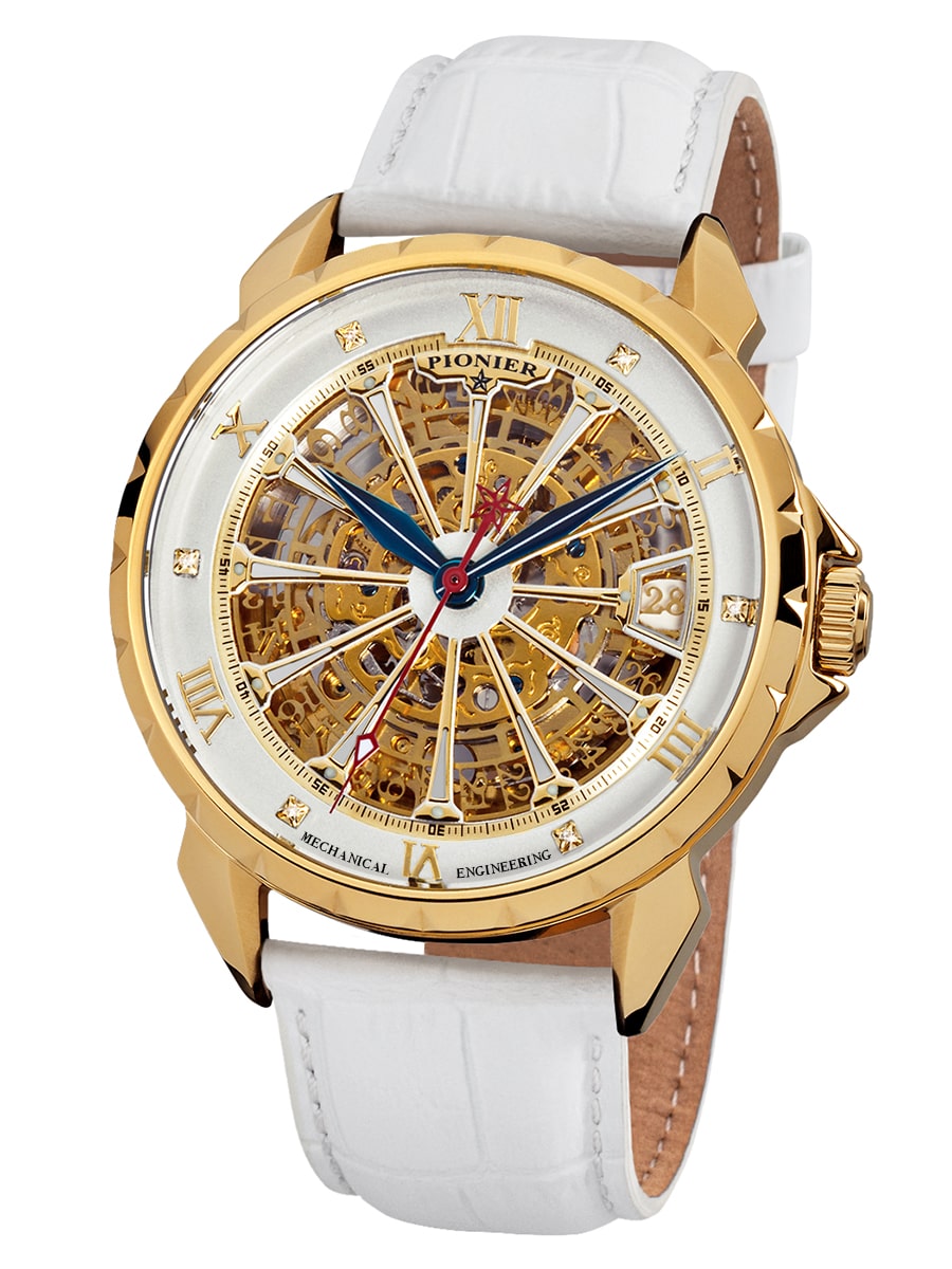 Frontal view of gold skeleton dial with white leather band in gold color case.