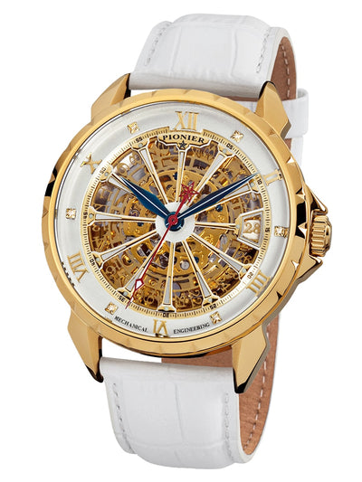Frontal view of gold skeleton dial with white leather band in gold color case.