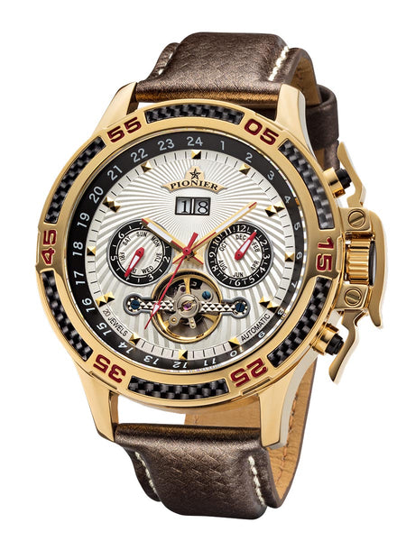 Amsterdam Pionier GM-515-2 white dial with gold case and brown leather band.