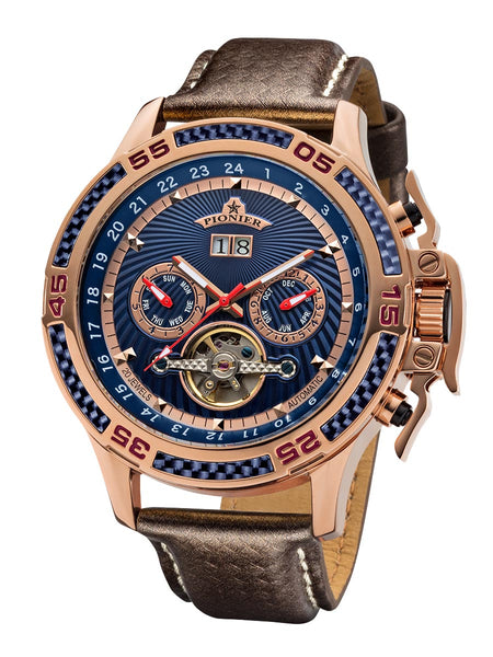 Amsterdam Pionier GM-515-5 blue dial with rose case and brown leather band.