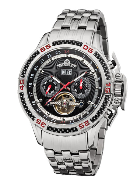 Amsterdam Pionier GM-515-7 black face with silver case and stainless steel band.