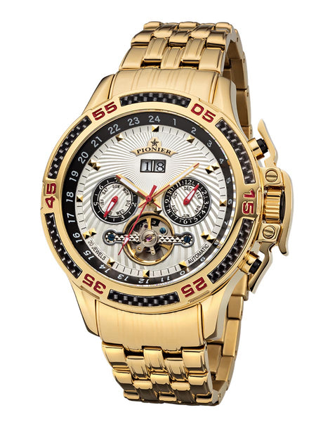 Amsterdam Pionier GM-515-8 with white dial and gold case and stainless steel band.