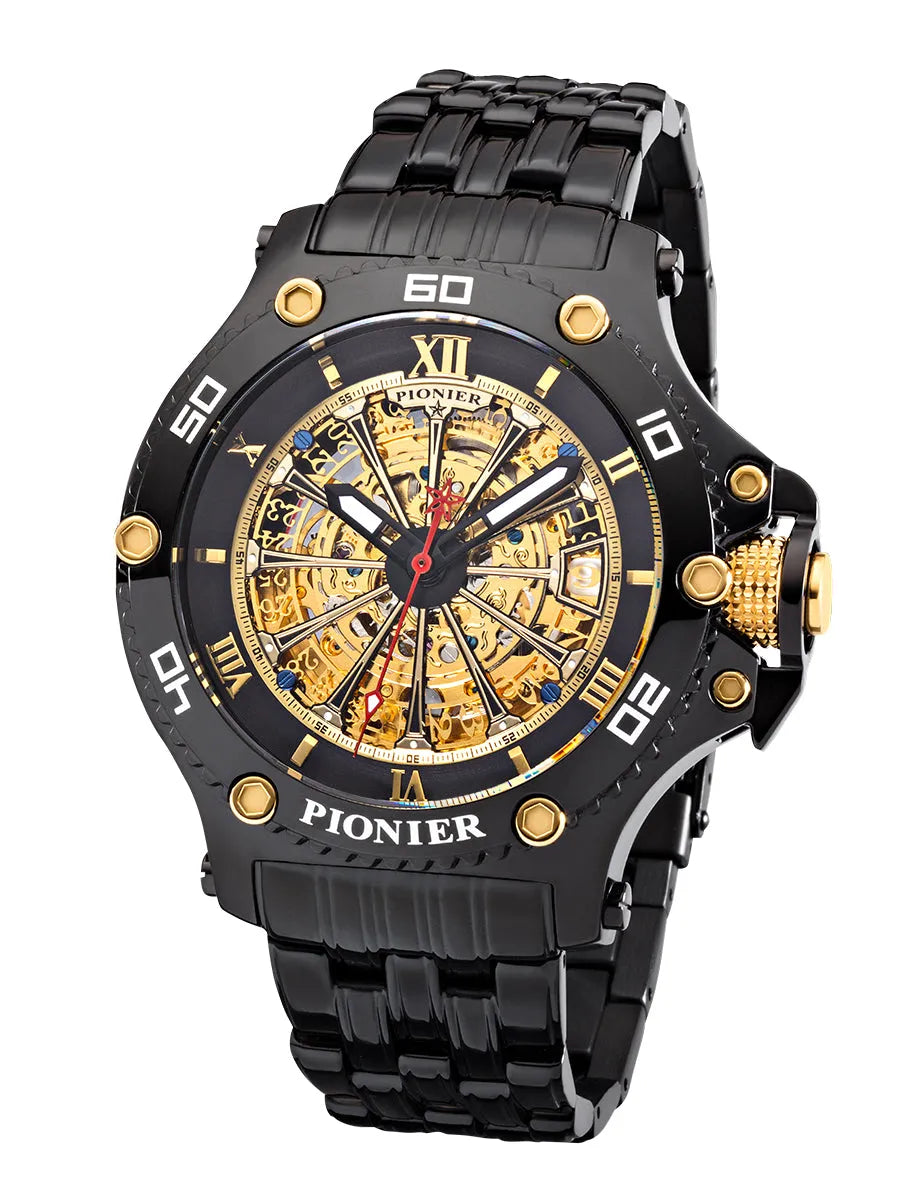 Barcelona Pionier GM-516-11 gold skeleton dial with black case and black stainless steel band.