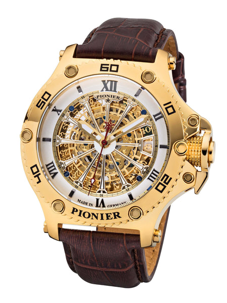 Barcelona Pionier GM-516-3 gold skeleton dial with gold case and brown leather band.