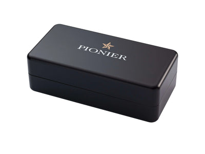 Black Pionier box with gold start logo printed on top of it.