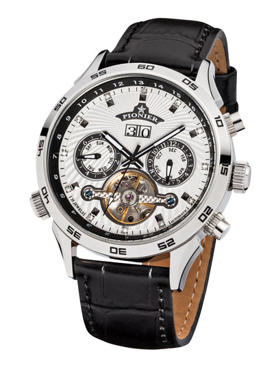 White dial with multi-tone pattern. Black genuine leather.