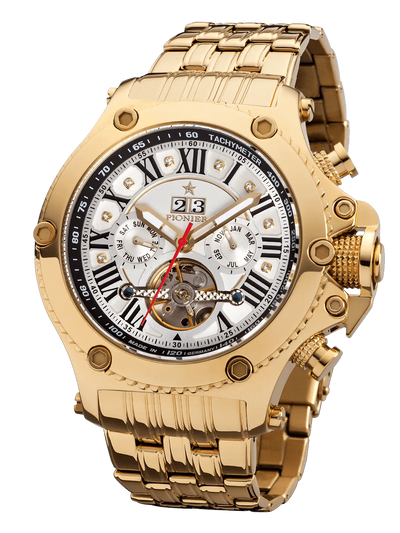 New York Pionier GM-511-10 white dial with diamonds and Roman numerals with gold case and stainless steel band.