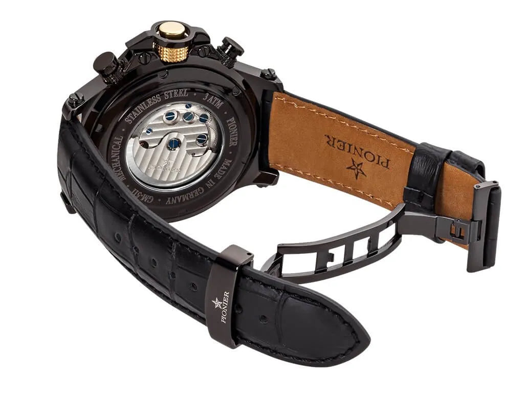 Open back case with silver color movement and deployment buckle with black leather.