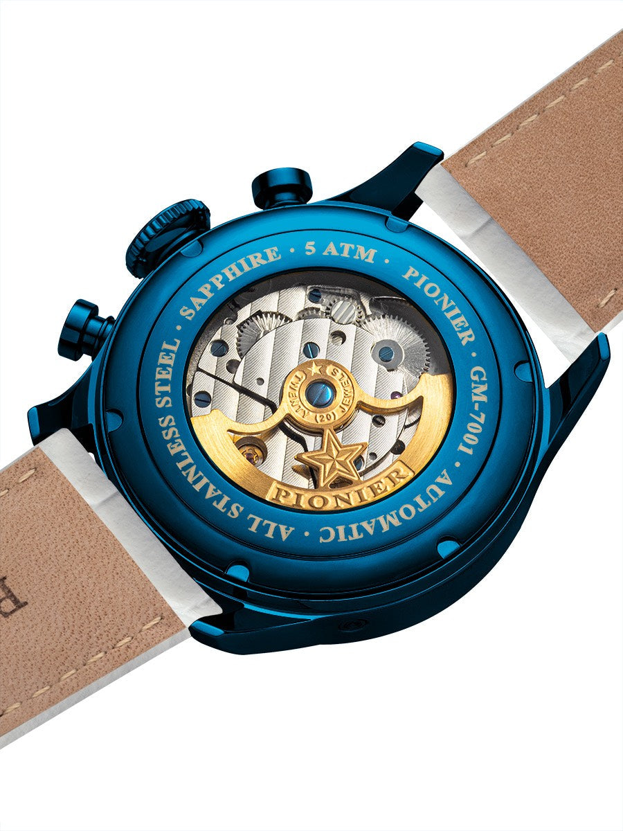 Blue case with blue buttons and open case back with gold color rotor.