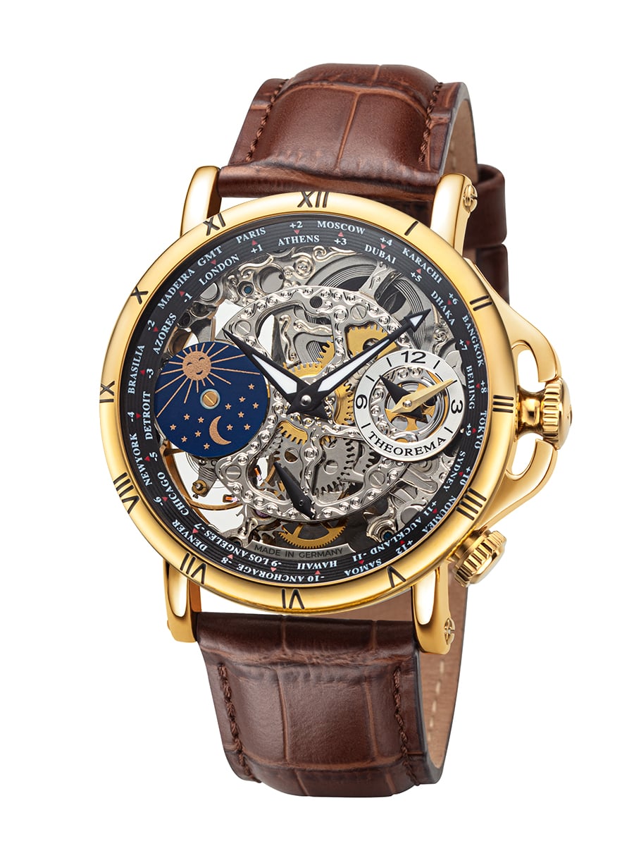 Luxury watch with gold case, brown leather strap, and intricate face on a white background