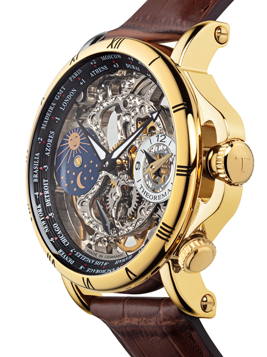 Sun-moon phase on the left side of the dial and dual-time on the right side of the dial.