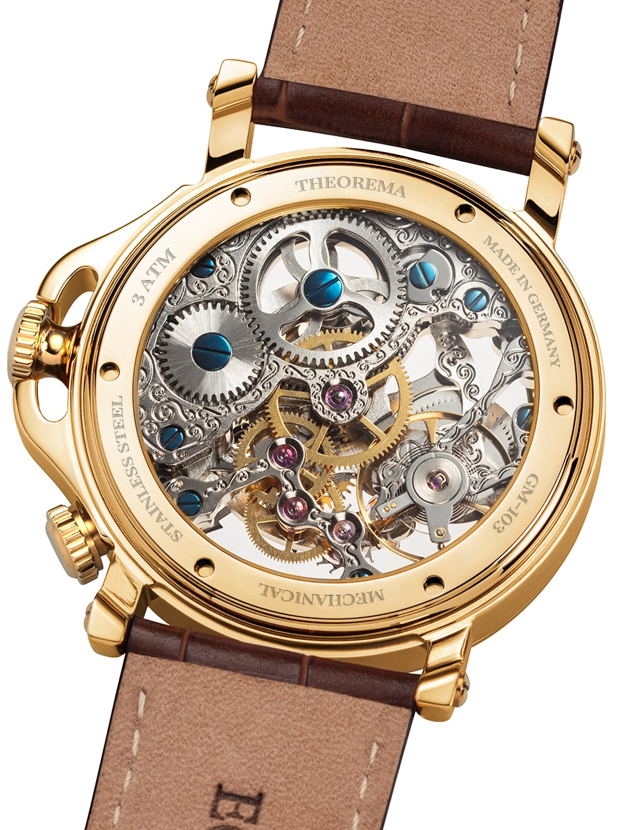 Skeletonized movement fully visible to the open back case.