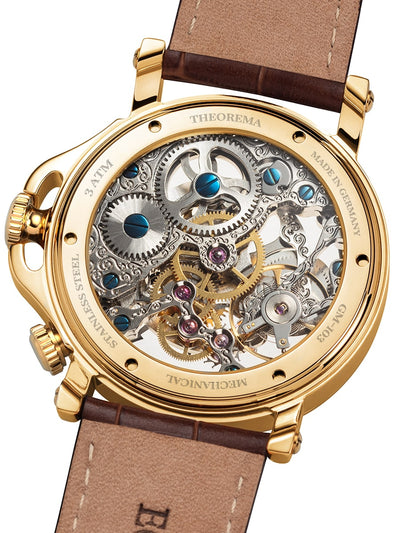 Skeletonized movement fully visible to the open back case.