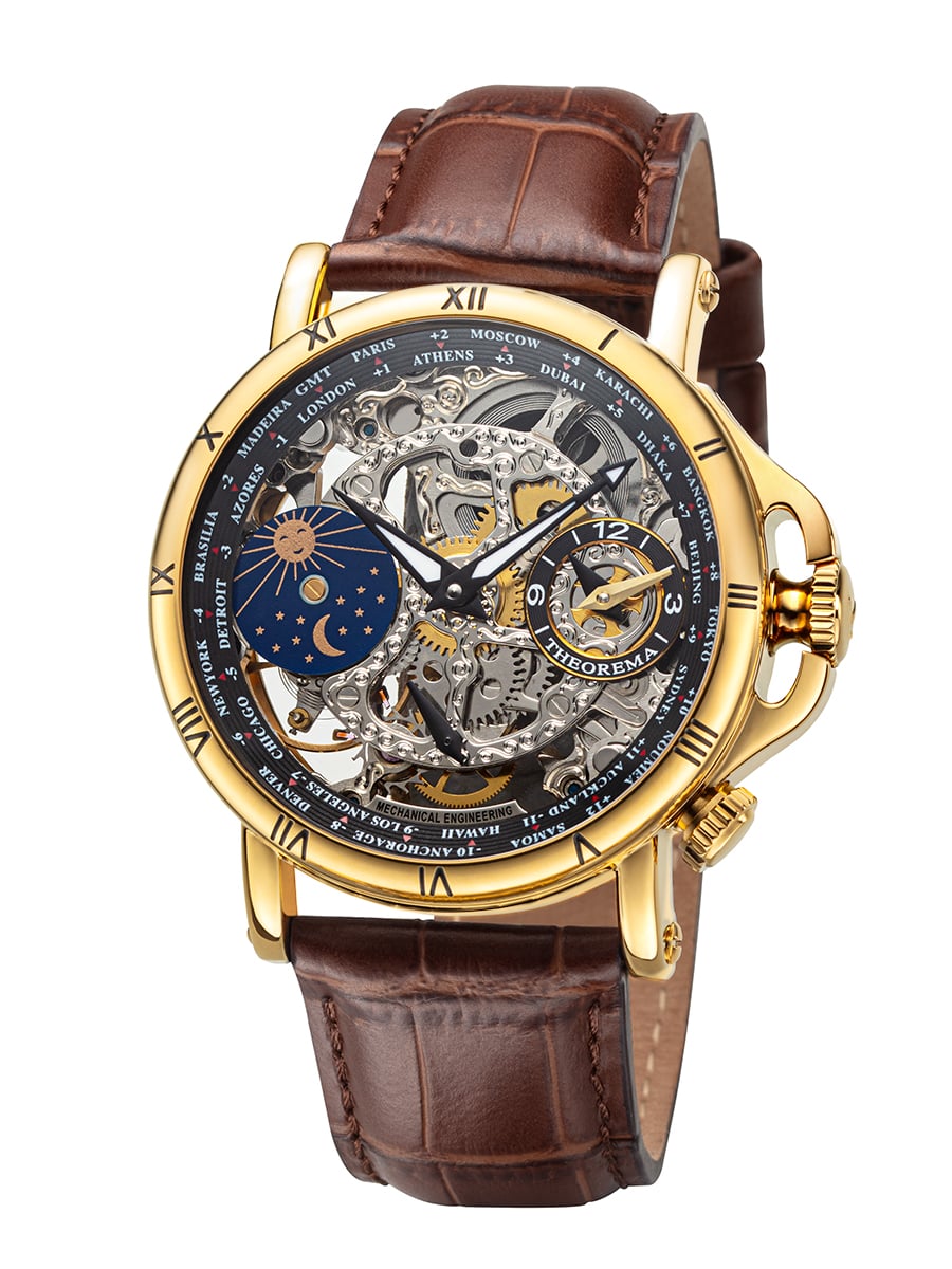 Dual time function with full see through skeleton a silver color dial and gold color case.