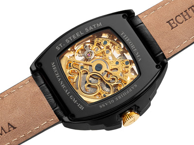 Full open back to look at the skeletonized movement with a skeletonized rotor. Stainless steel 5 ATM.