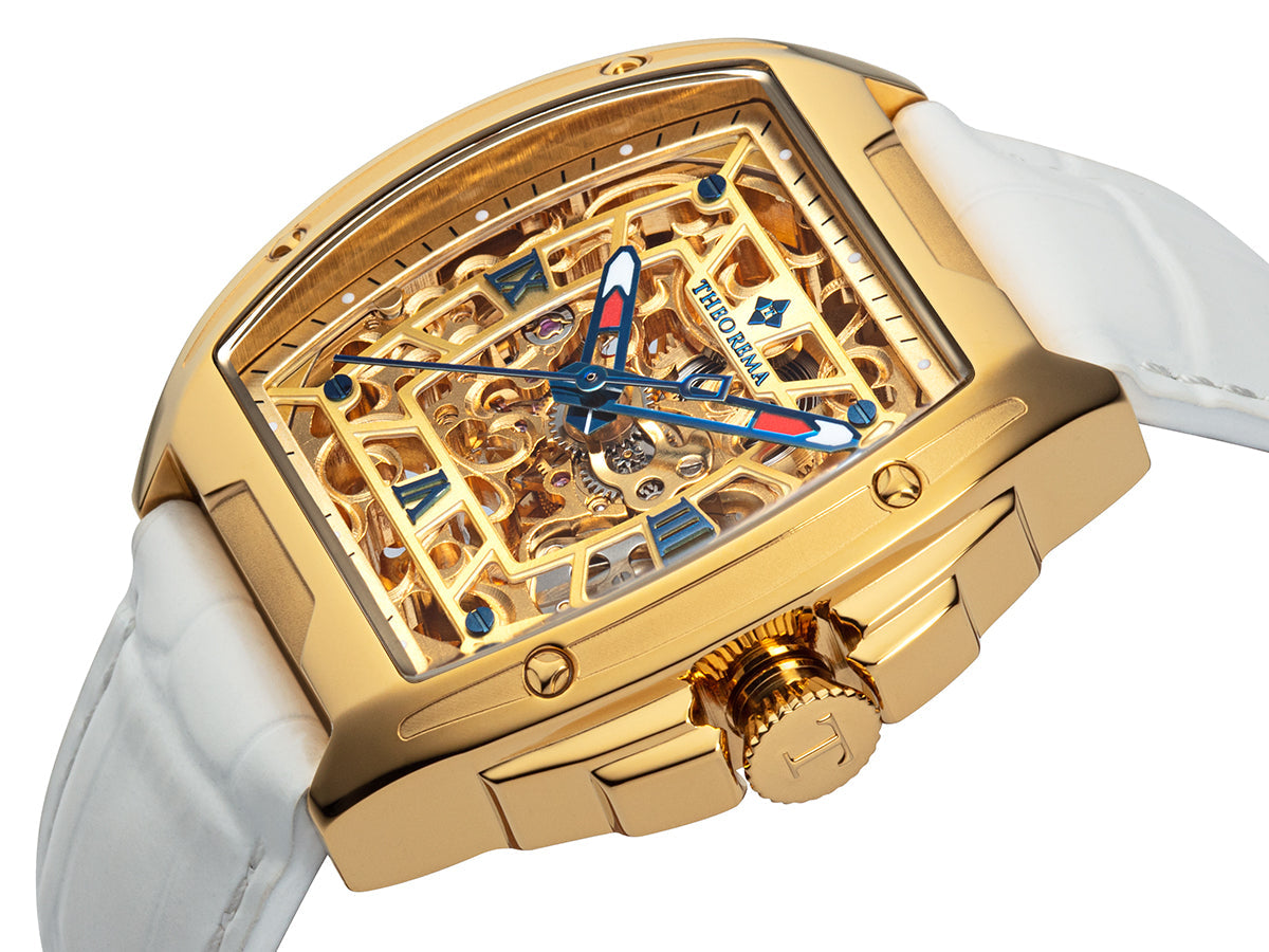 White and blue skeleton hands with yellow skeleton dial and roman numerals watch.