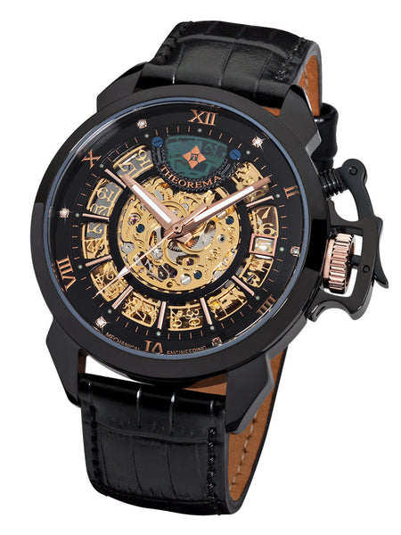 Luxury watch with black strap and intricate face design on a white background