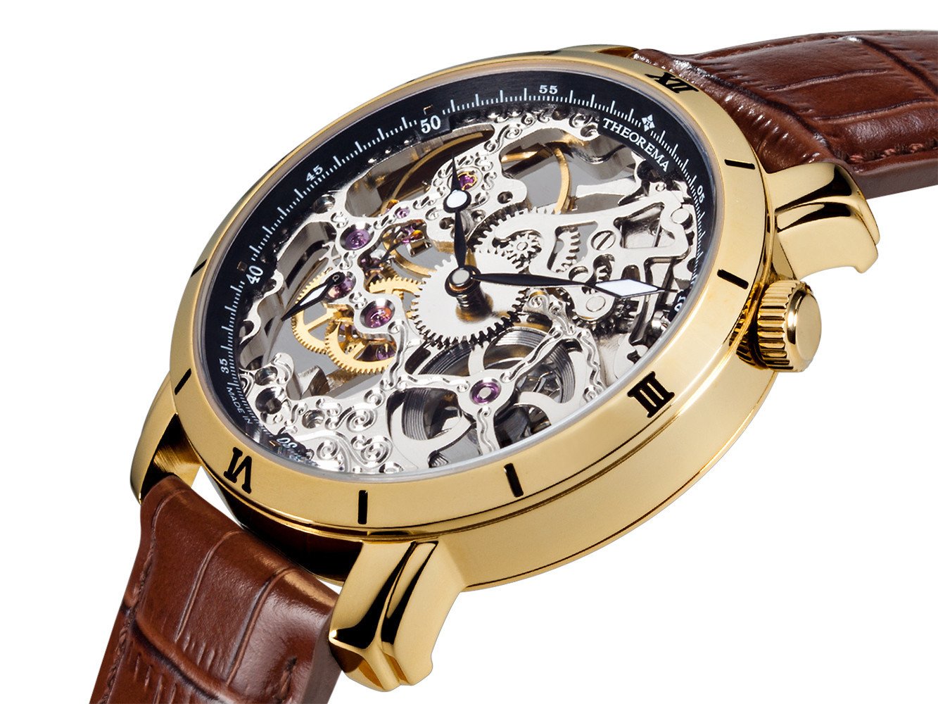 See-through skeletonized dial with gold case and brown leather band.