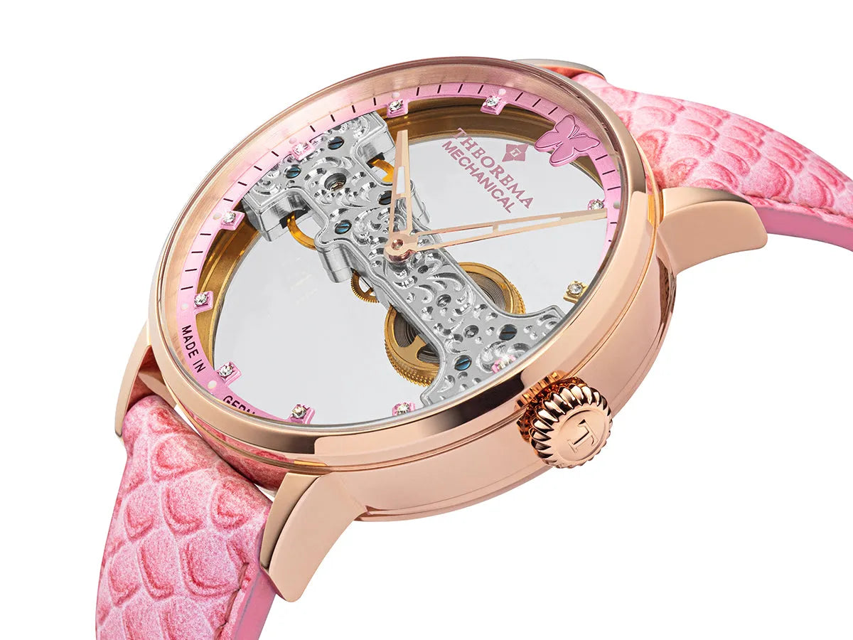 11 Swarovski's on the bezel and rose case with pink genuine leather.