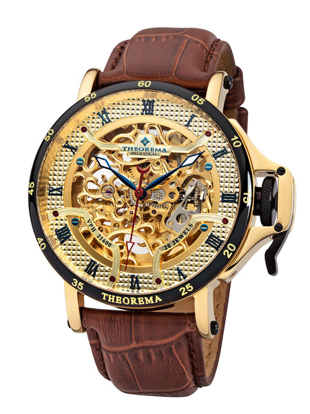 The dial is fully open, revealing a gold-toned mechanical movement underneath. Roman numerals are placed on a black outer ring, and the hands are blue with a slim red seconds hand, creating strong contrast for readability.