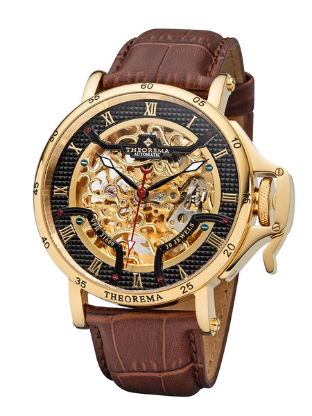 Skeleton dial see-through with gold case and Arabic numerals along Roman numerals. 