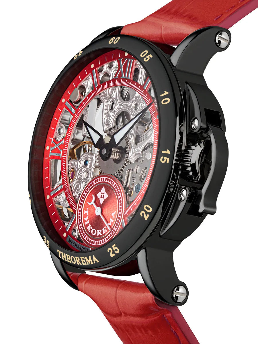 Mechanical watch with skeleton dial with black case and black crown