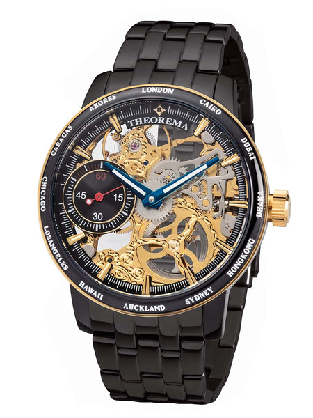 The Toronto Theorema is a wristwatch designed with a visible mechanical interior, allowing the wearer to see the movement working through the front of the dial. The face is partially open, revealing gears and internal components that move continuously as 