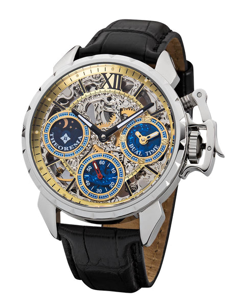 Oman Theorema mechanical watch GM-108-1. Three sub-dials for seconds, dual-time, and sun-moon phase.