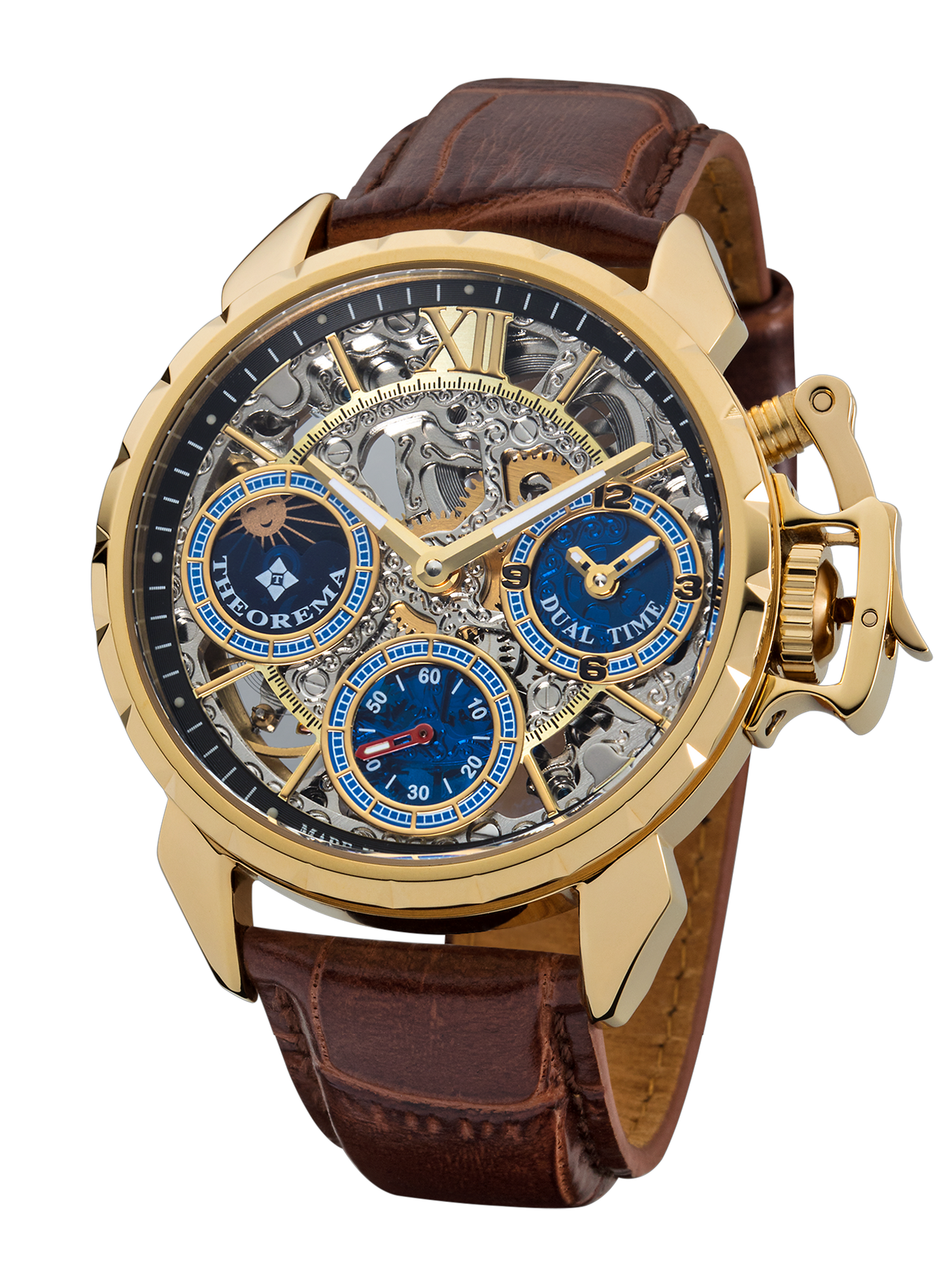 Oman Theorema mechanical watch GM-108-3. Three sub-dials for seconds, dual-time, and sun-moon phase.